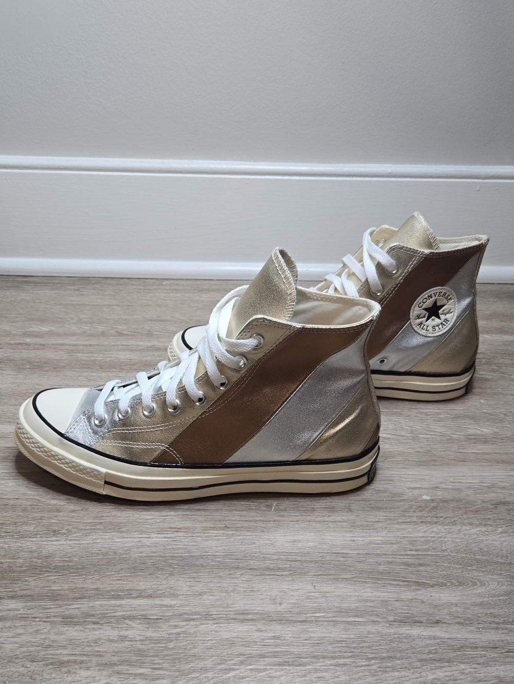Converse High Top Sneakers in Metallic Gold and Silver Panels